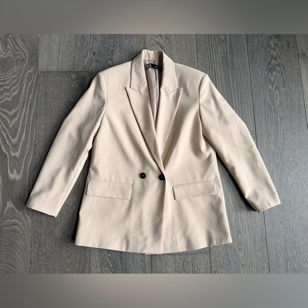 Zara Oversized Double Breasted Blazer in Tan Beige Size Small